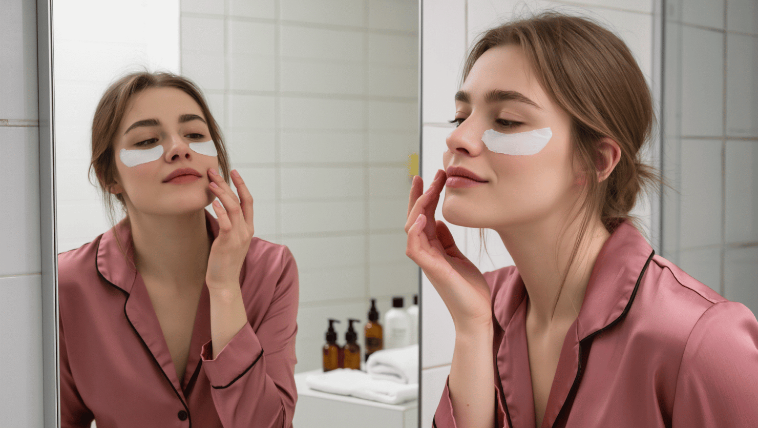 Žena v saténovém pyžamu nanáší večerní oční masku před zrcadlem – minimalistická rutina péče o pleť.