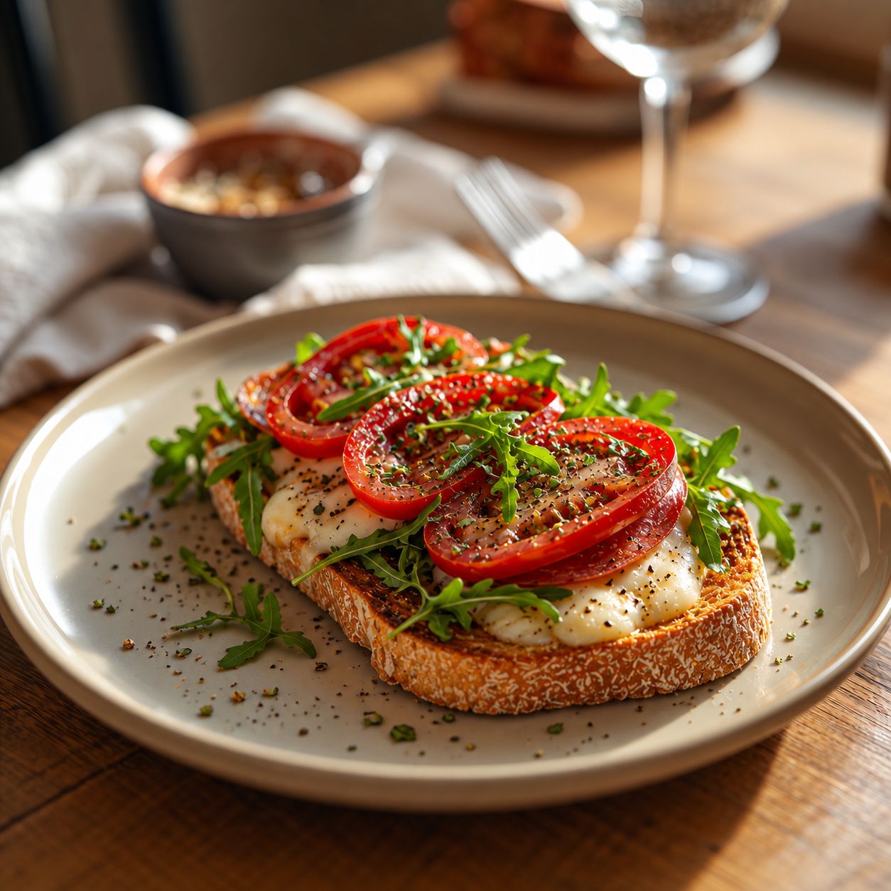 1. Křupavý toast se salámem, mozzarellou a rajčetem