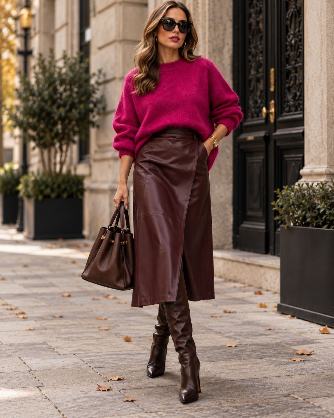 Fuchsia Sweater, Burgundy Skirt Street Style Fuchsia Sweater, Burgundy Skirt Street Style