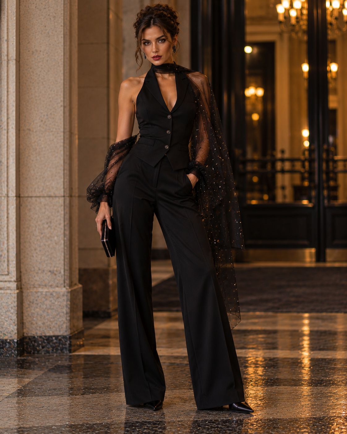 Glamorous Black-Tie Entrance Portrait Glamorous Black-Tie Entrance Portrait