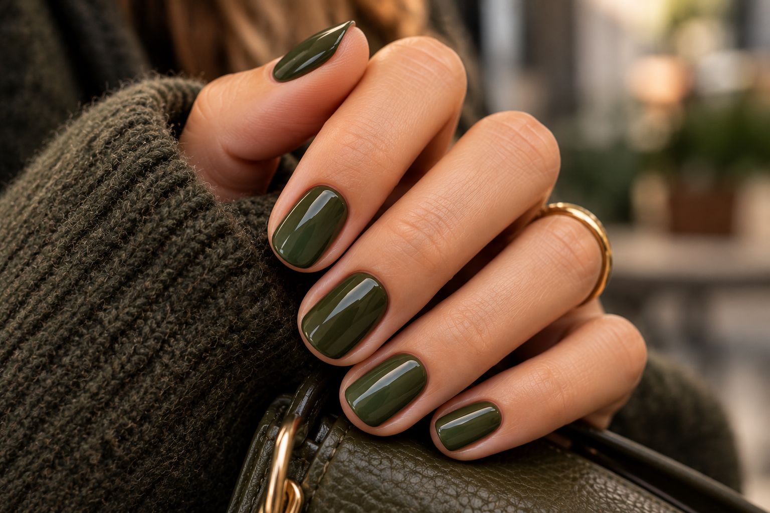 Glossy Forest Green Autumn Manicure Glossy Forest Green Autumn Manicure