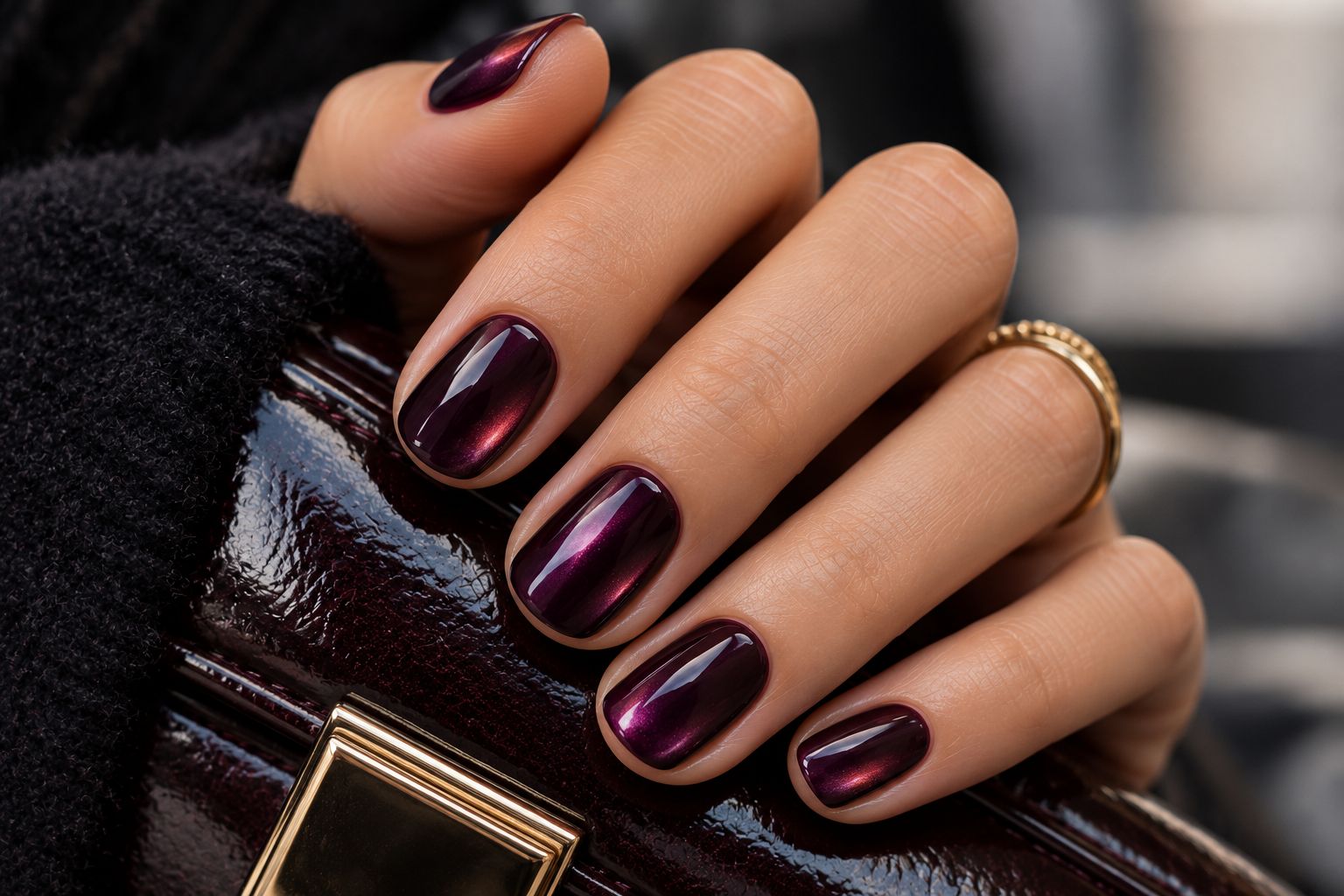 Glossy Plum Manicure and Gold Clutch Glossy Plum Manicure and Gold Clutch