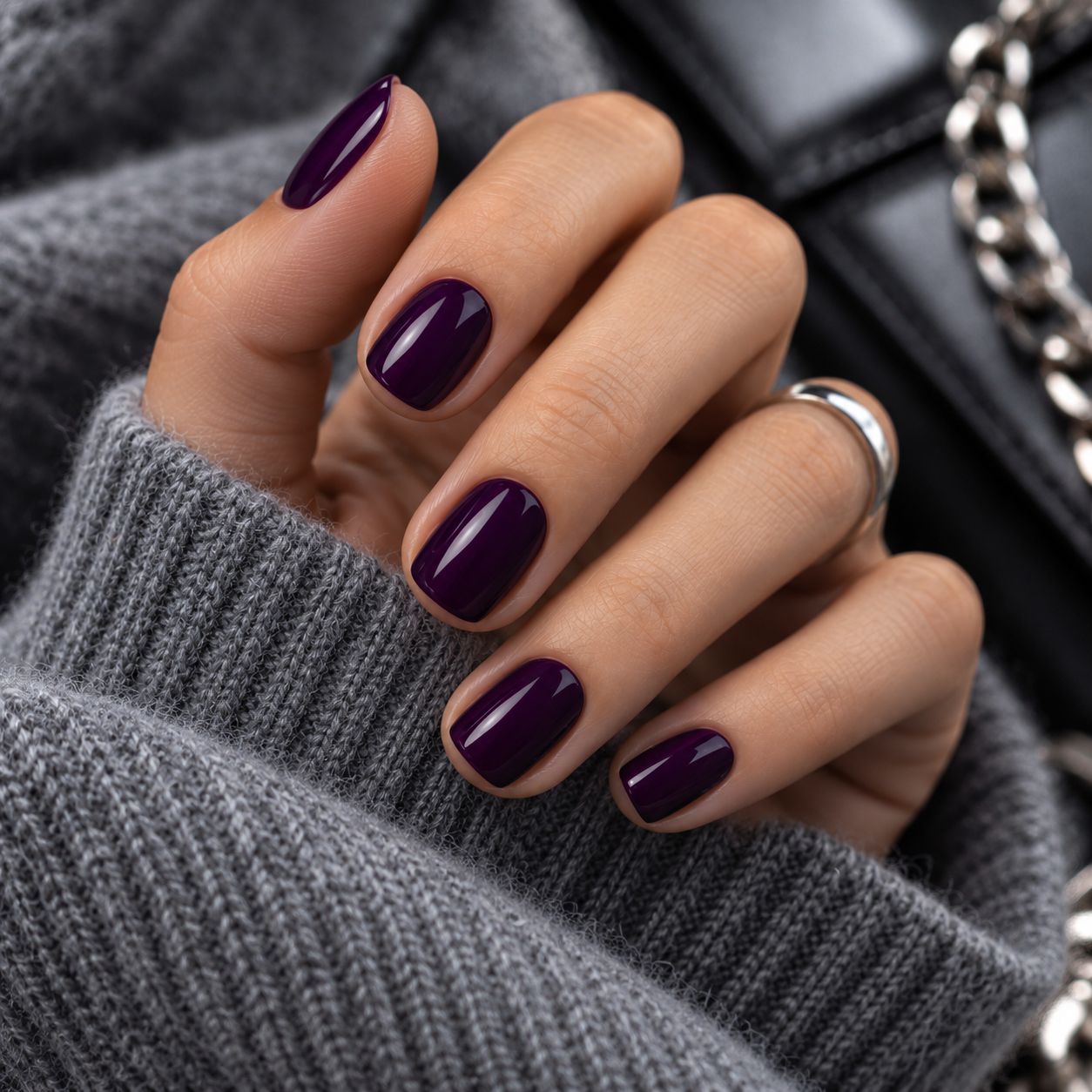 Glossy Plum Manicure in Grey Knit Glossy Plum Manicure in Grey Knit