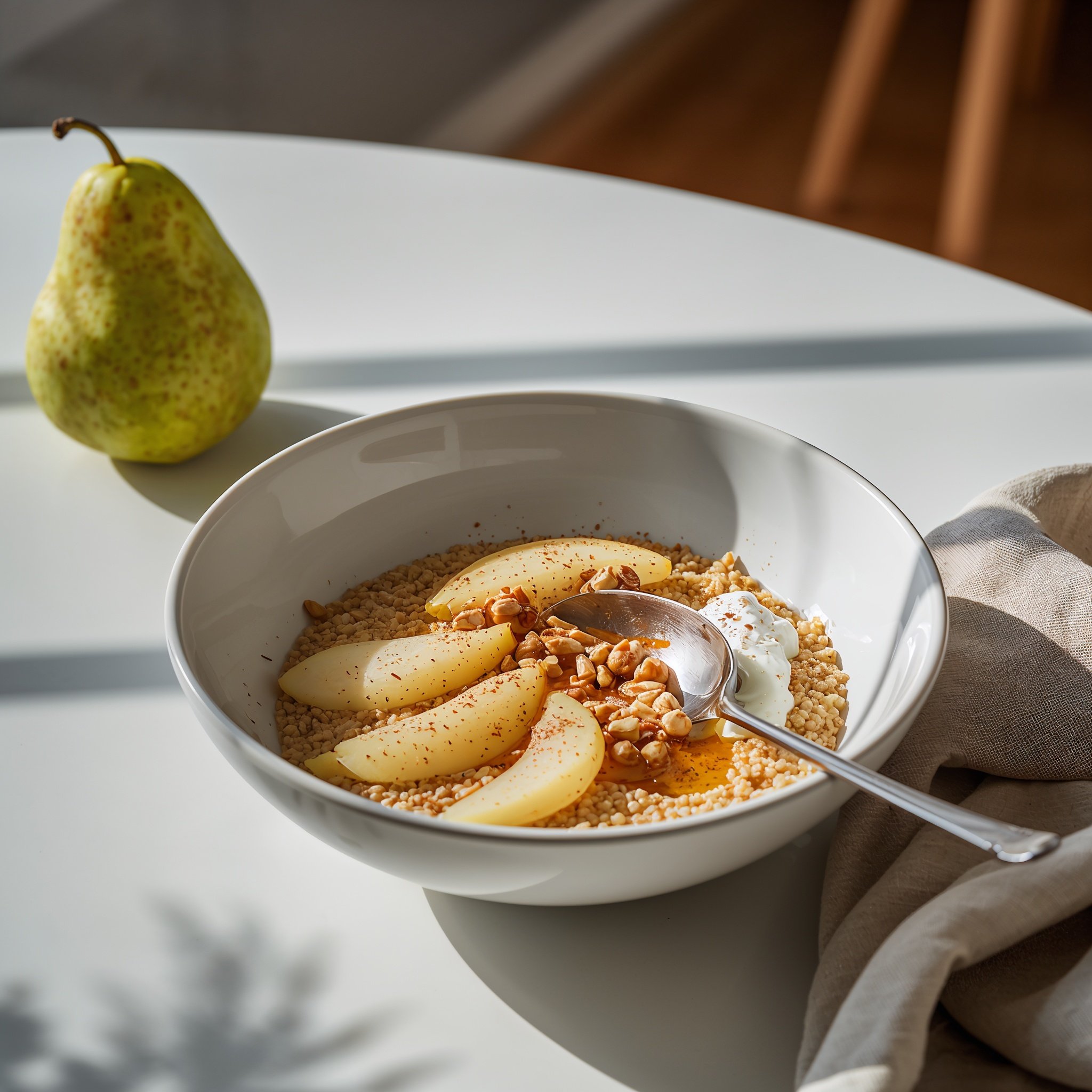Teplá snídaňová quinoa s hruškou, skořicí a řeckým jogurtem Teplá snídaňová quinoa s hruškou, skořicí a řeckým jogurtem