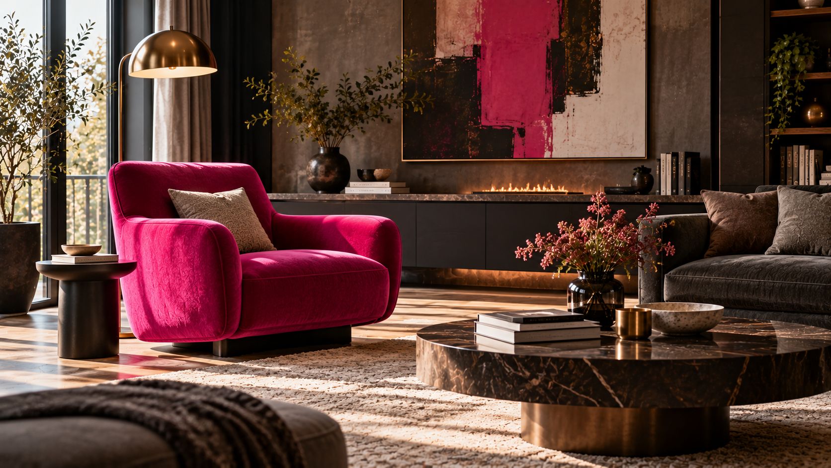 Modern Living Room with Pink Accent Chair Modern Living Room with Pink Accent Chair