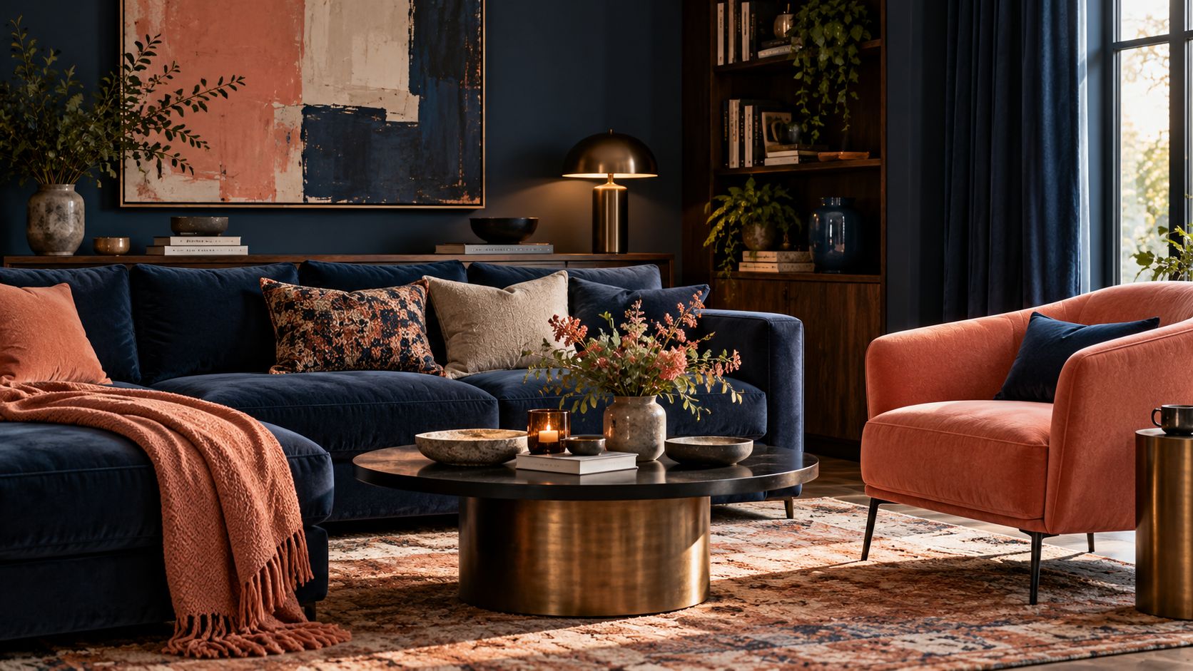 Moody Navy and Coral Living Room Moody Navy and Coral Living Room