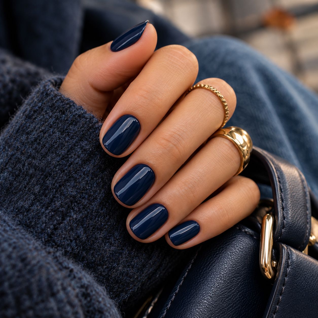 Navy Nails and Gold Details Navy Nails and Gold Details