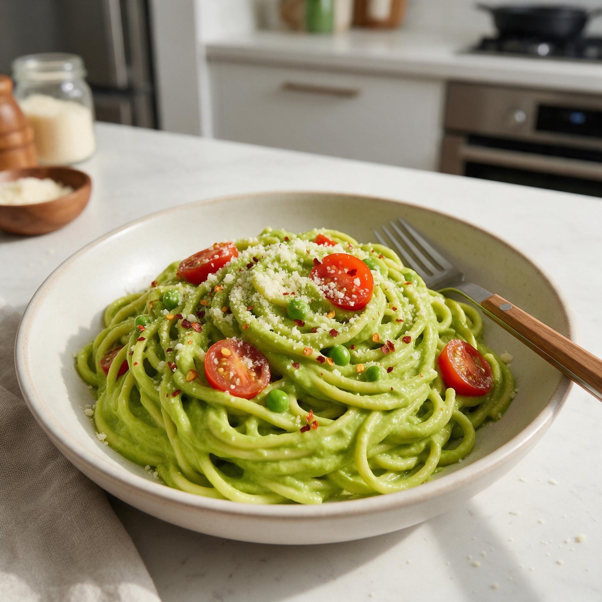 seedream-5.0-pro_Fresh_pasta_tossed_in_a_silky_avocado_cream_sauce_bright_green_and_glossy_with_v-0