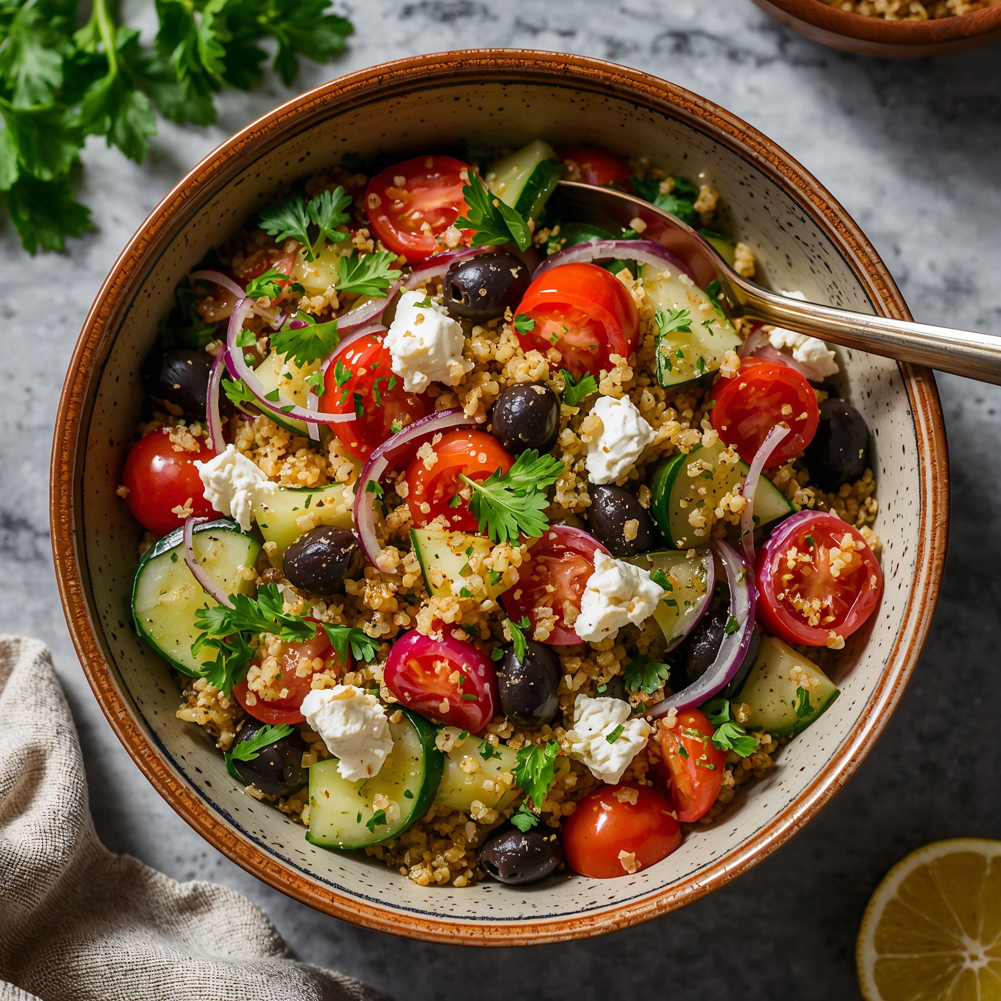 Středomořský quinoa salát s fetou, okurkou a citronem Středomořský quinoa salát s fetou, okurkou a citronem