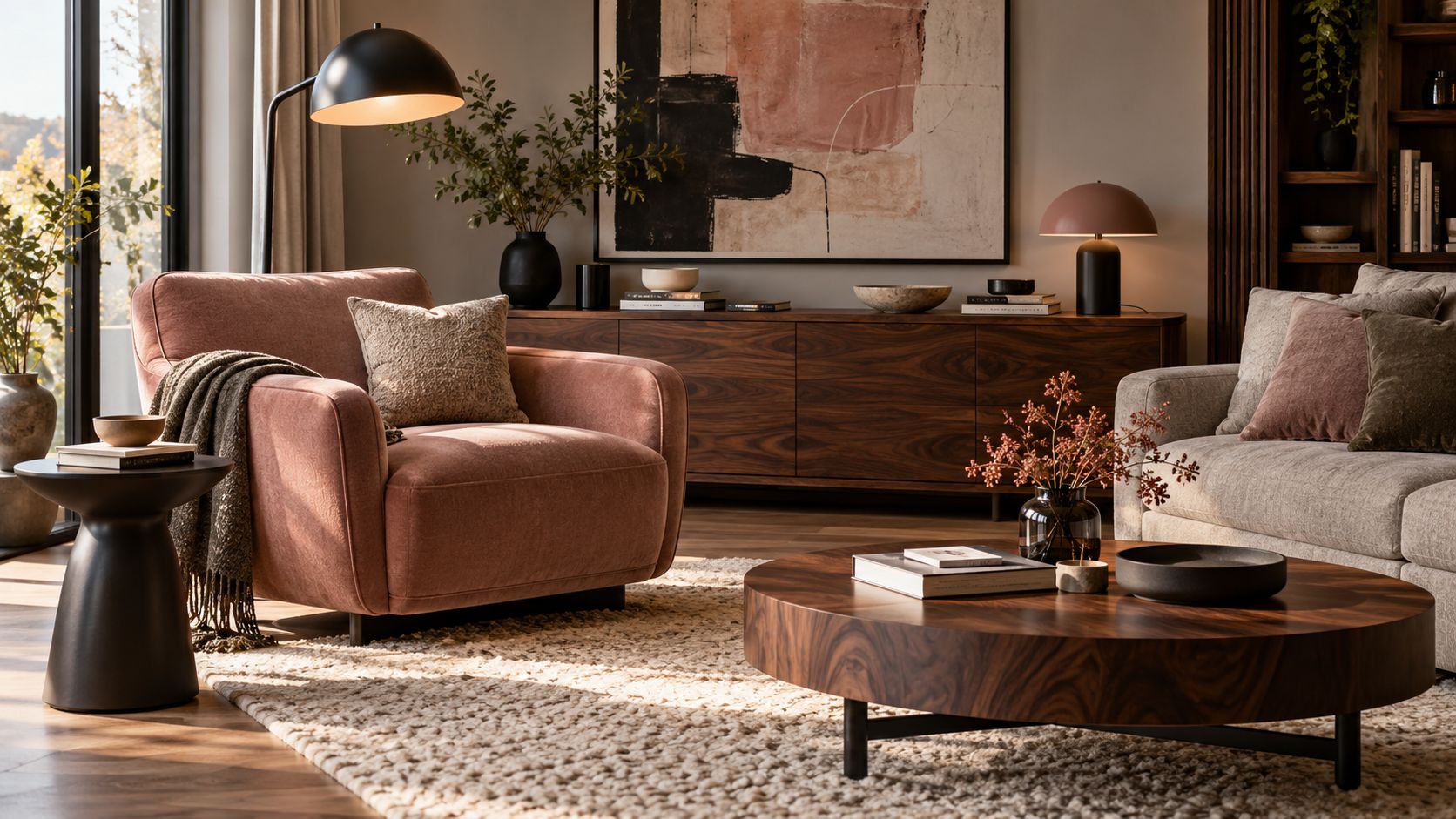 Warm Modern Lounge with Rose Armchair Warm Modern Lounge with Rose Armchair